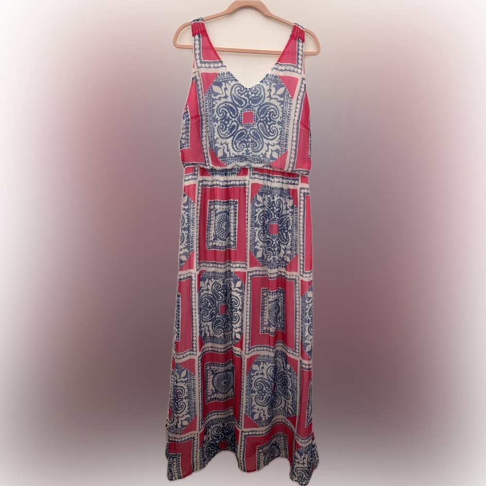 Vineyard Vines 100% Silk Pink and Blue Patterned Maxi Dress
